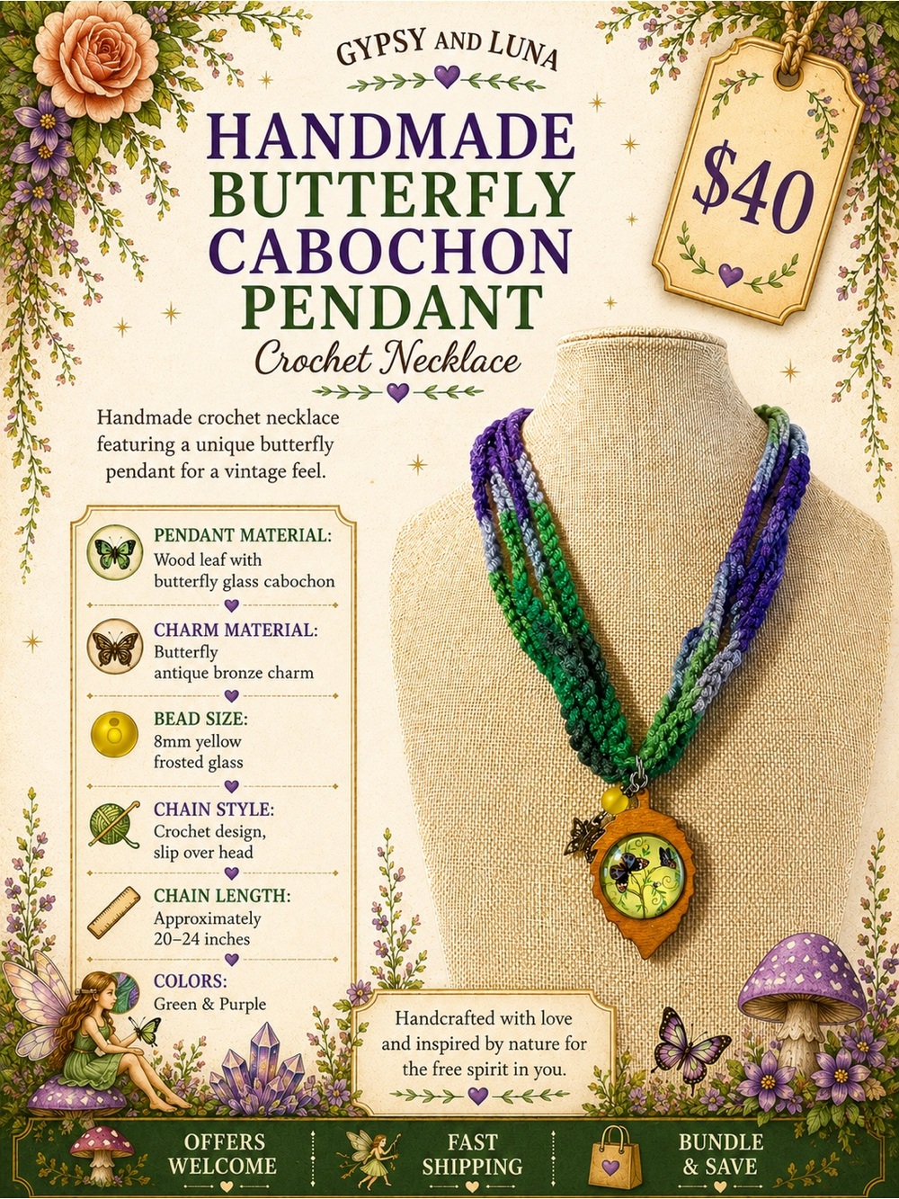Handmade Butterfly Cabochon Pendant Necklace with Crochet Chain